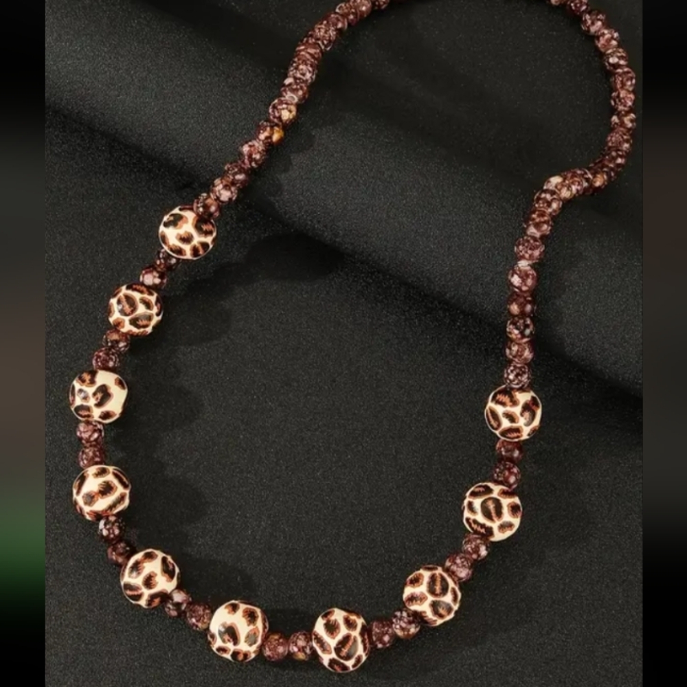 LEOPARD WOOD HAND PAINTED NECKLACE 24-IN
